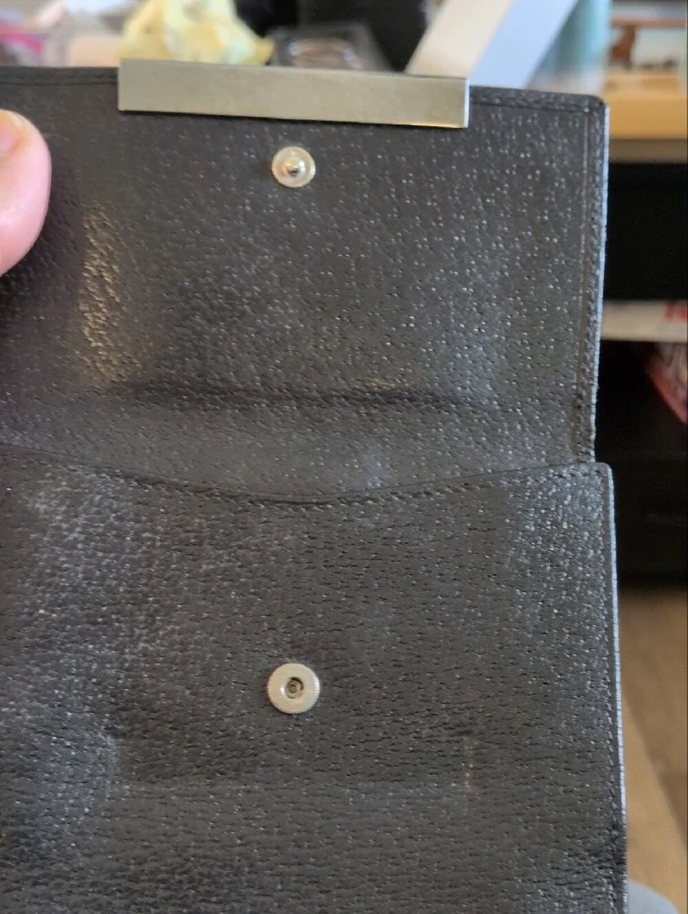 Gucci Vintage 1980s Black Leather Wallet with Silver Tone Bar